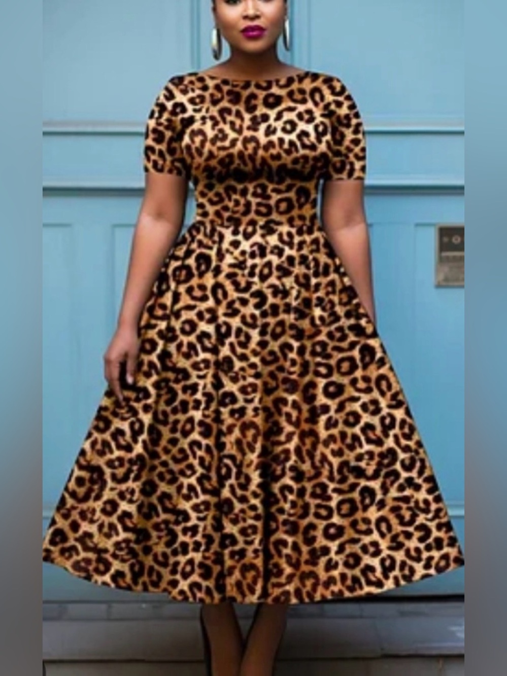 Leopard Print Midi Dress in Brown - Classic Fit-and-Flare